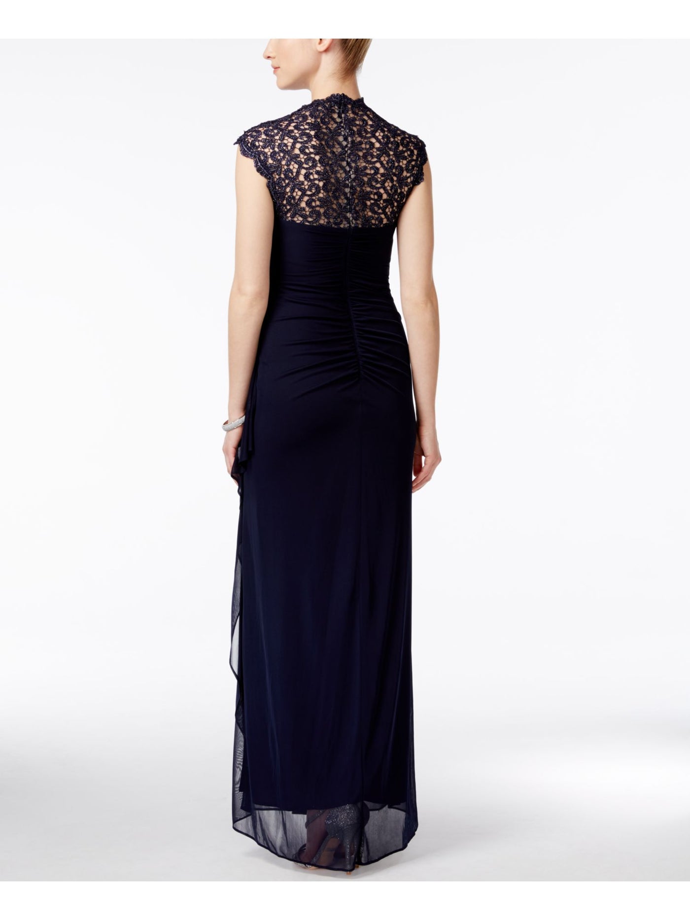 X BY XSCAPE Womens Navy Lace Zippered Illusion Back Stand Collar Padde Cap Sleeve Scoop Neck Full-Length Evening Gown Dress 4