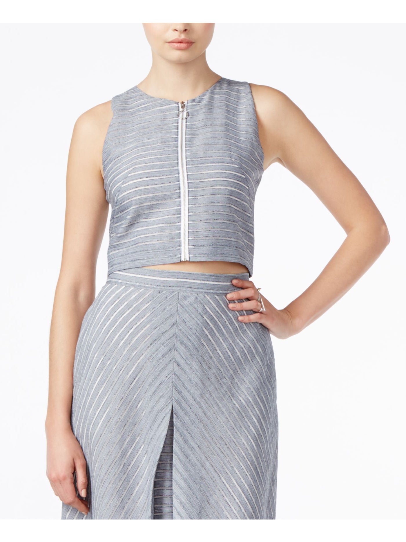 RACHEL ROY Womens Blue Striped Sleeveless Zip Neck Vest Top Size: 12