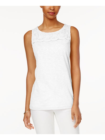 CHARTER CLUB Womens White Lace Embellished Sleeveless Jewel Neck Top Size: M