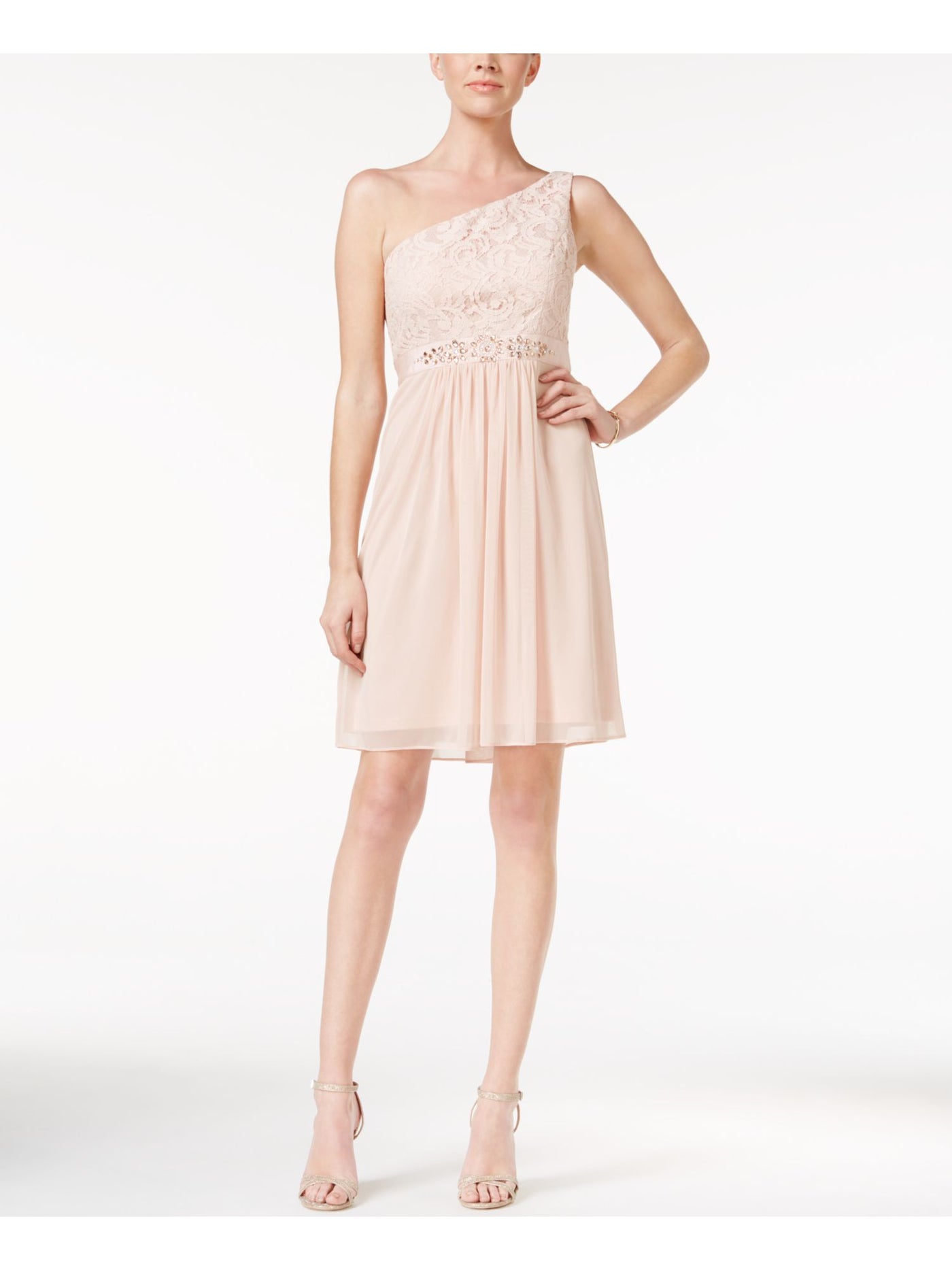 ADRIANNA PAPELL Womens Pink Embellished Lace Sleeveless Asymmetrical Neckline Knee Length Evening Sheath Dress 6