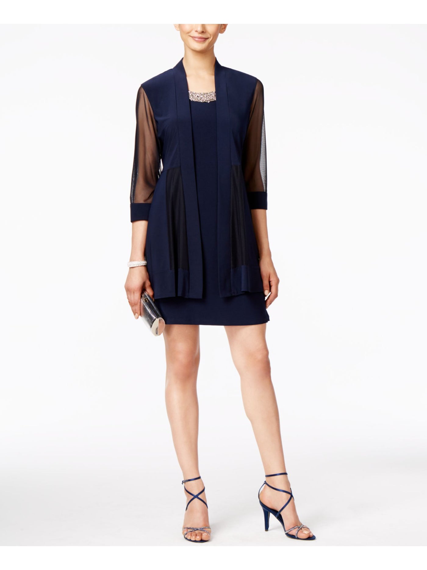 R&M RICHARDS PETITE Womens Navy Sheer Elbow Sleeve Open Front Evening Cardigan Petites 6P