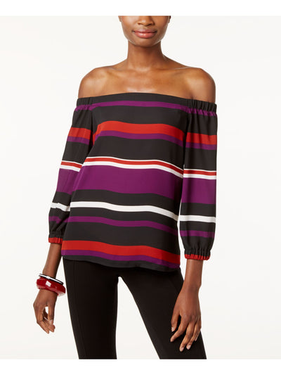 INC Womens Black Striped Long Sleeve Off Shoulder Top L