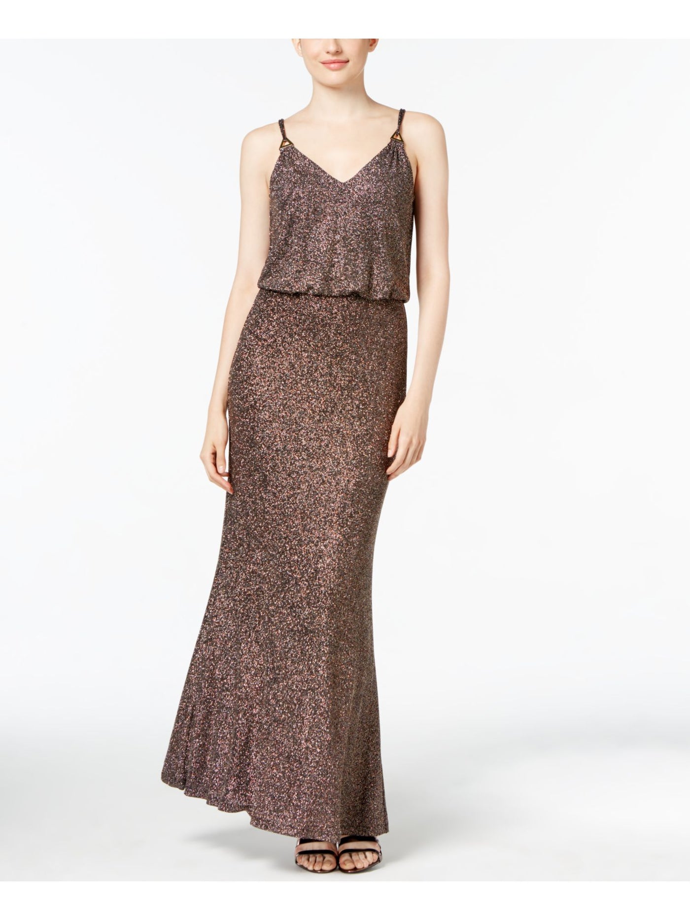 CALVIN KLEIN Womens Gold Glitter Sleeveless V Neck Maxi Formal Blouson Dress 8