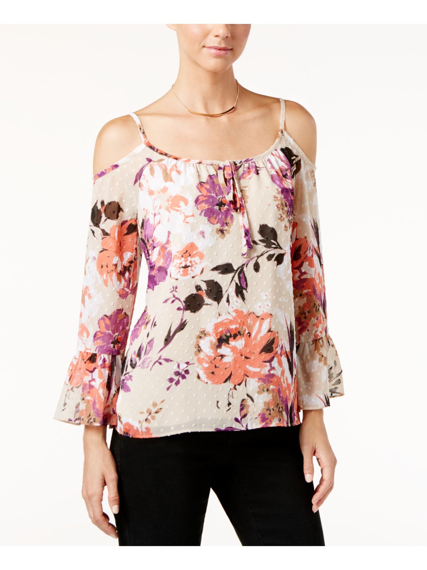 INC Womens Beige Floral Bell Sleeve Keyhole Top Size: 2