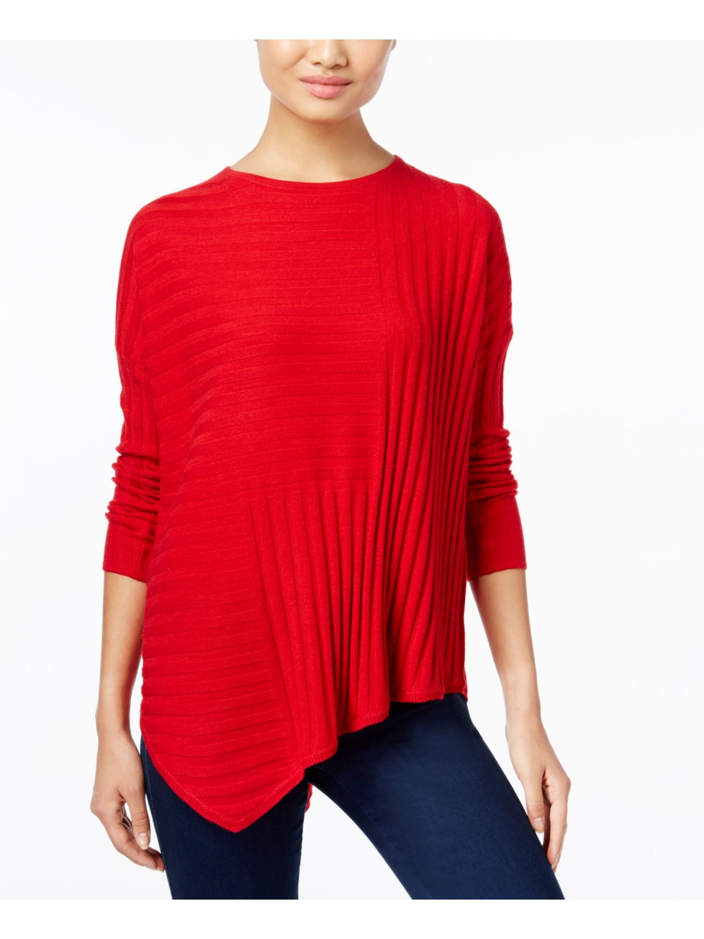 INC Womens Red Asymmetrical Long Sleeve Jewel Neck Top L