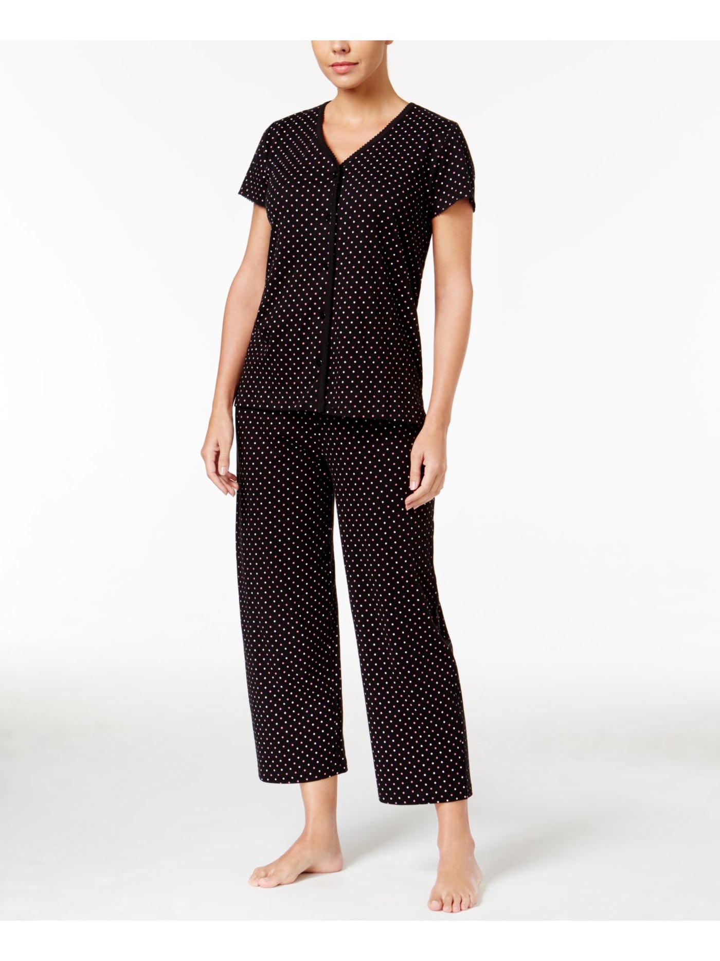 CHARTER CLUB Womens Black Polka Dot Elastic Band Button Up Top Cropped Pants Pajamas M