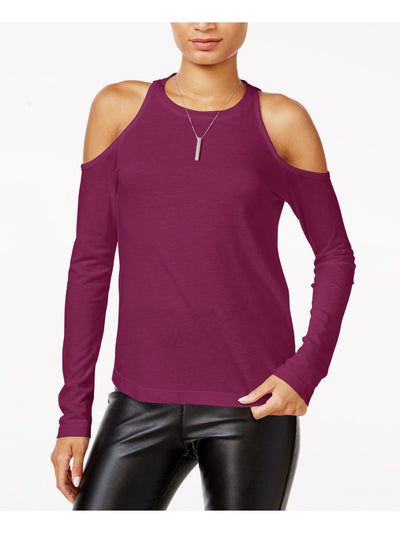 CHELSEA SKY Womens Purple Cut Out Long Sleeve Jewel Neck Top Size: L
