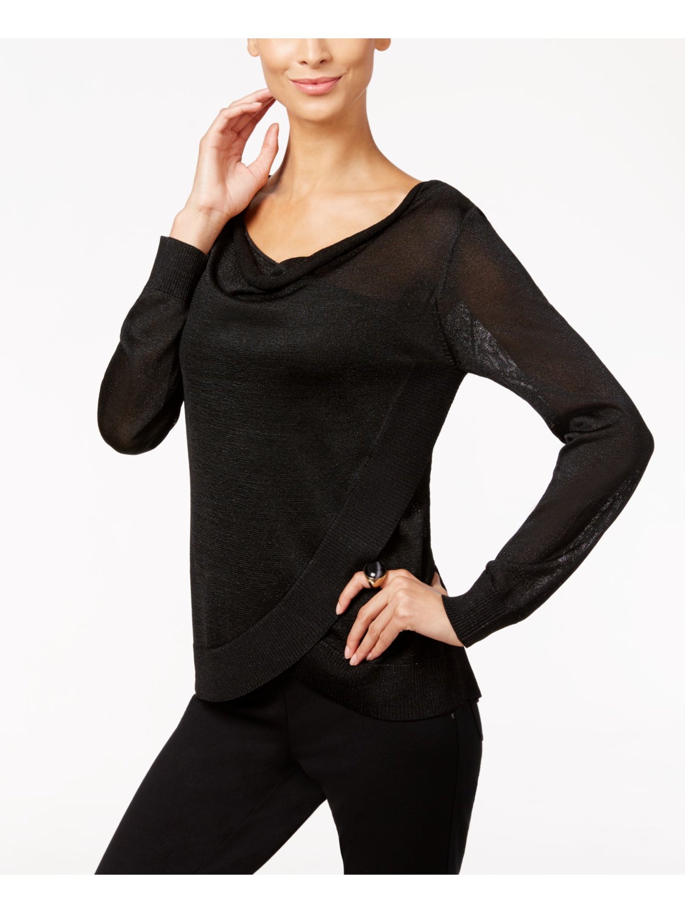 INC Womens Black Glitter Long Sleeve Scoop Neck Faux Wrap Top S