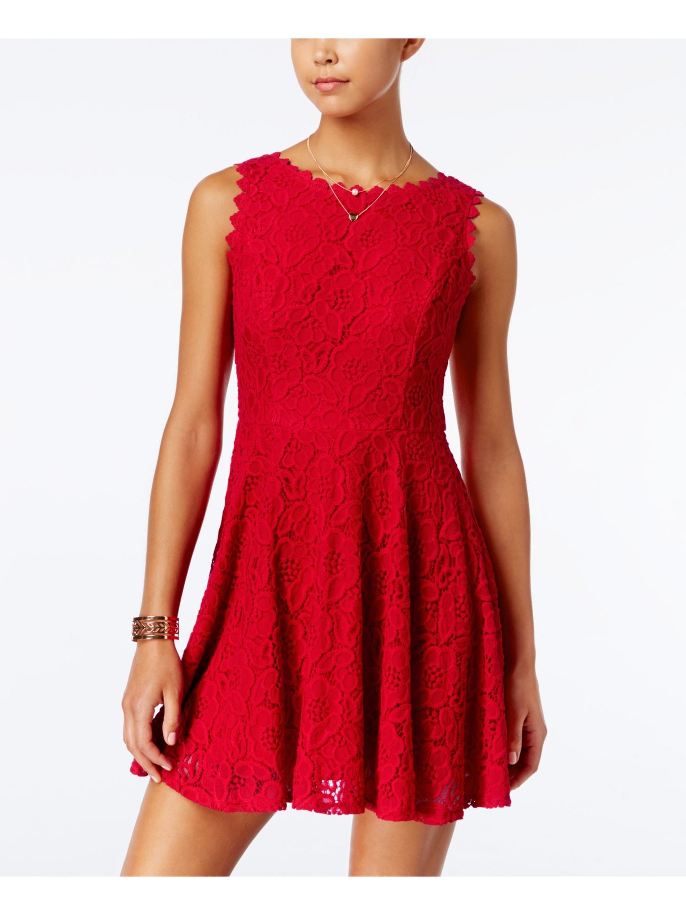 CITY STUDIO Womens Red Embroidered Zippered Sleeveless Jewel Neck Short Fit + Flare Dress Juniors 13