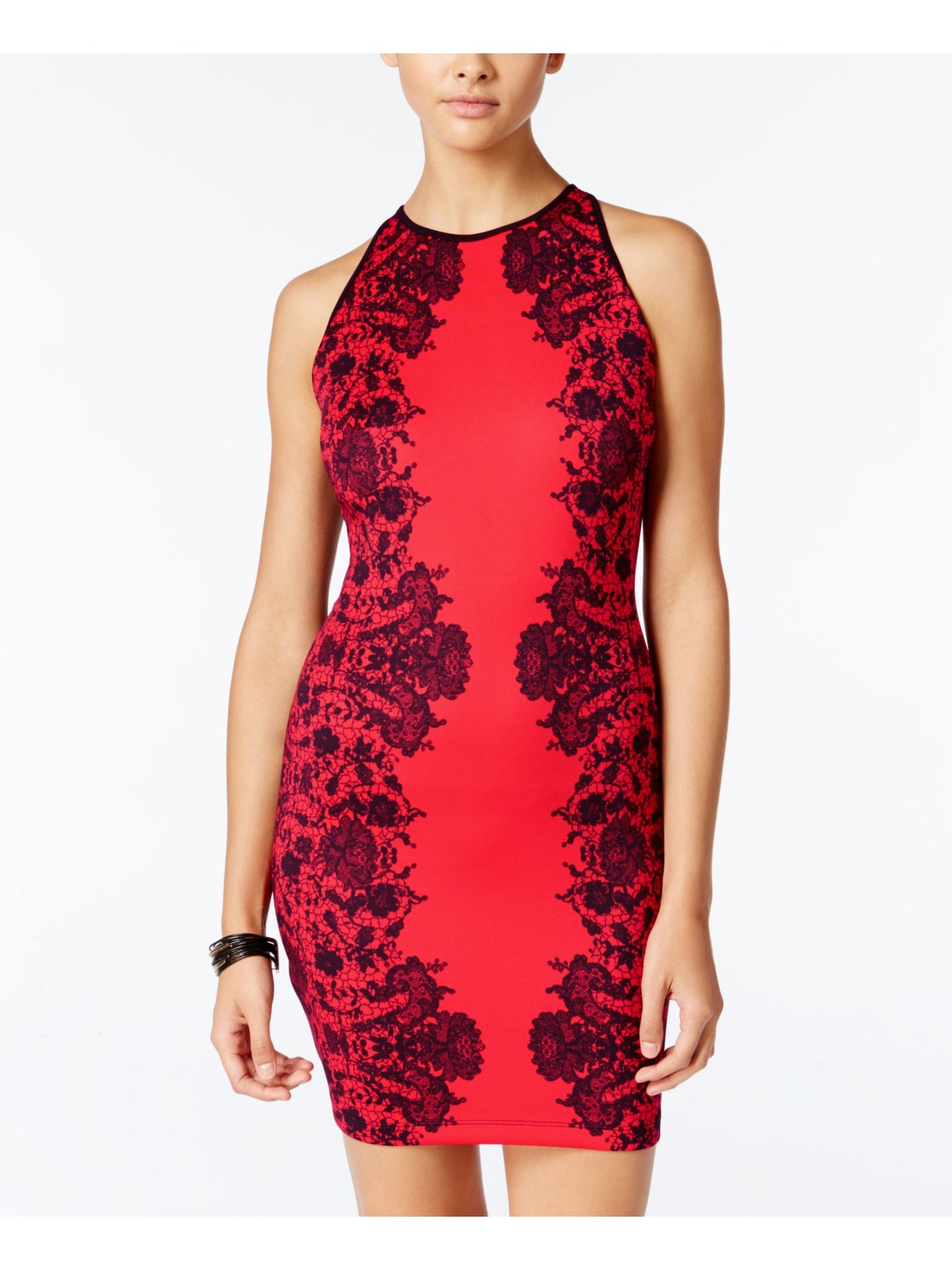B DARLIN Womens Red Zippered Printed Sleeveless Halter Short Party Body Con Dress Juniors 3\4