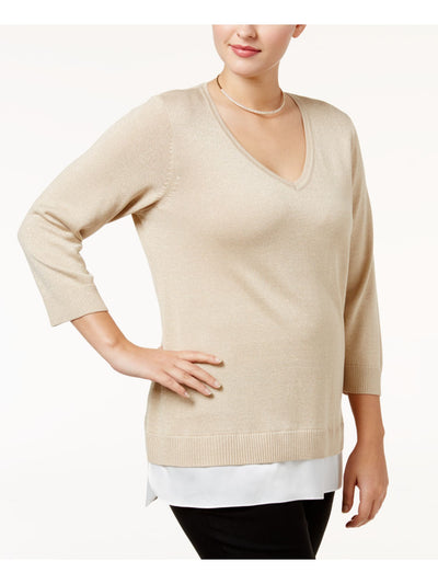 CALVIN KLEIN Womens Pink Metallic Layered Look 3/4 Sleeve V Neck Sweater Plus 2X