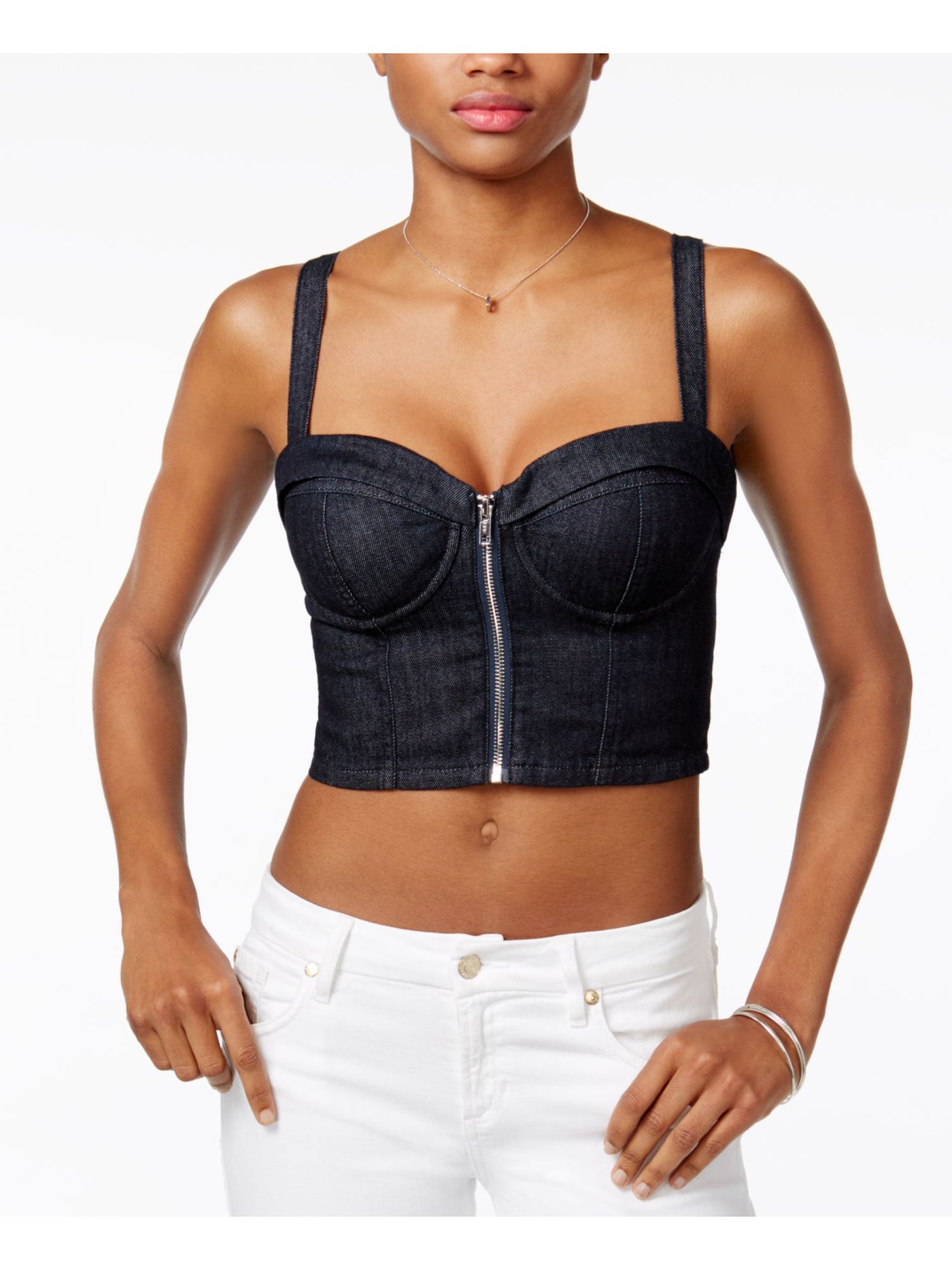 GUESS Womens Navy Spaghetti Strap Zip Neck Party Crop Top XS