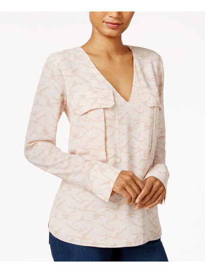 RACHEL ROY Womens Pink Pocketed Cuffed Sleeve V Neck Top M