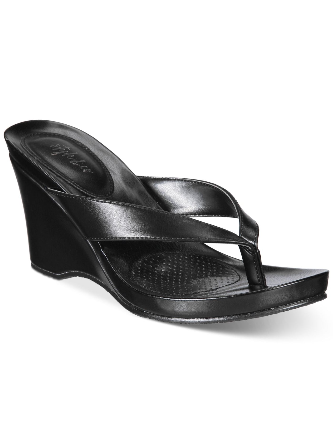 STYLE & COMPANY Womens Black 1/2" Platform Padded Chicklet Round Toe Wedge Slip On Thong Sandals Shoes 6.5 M