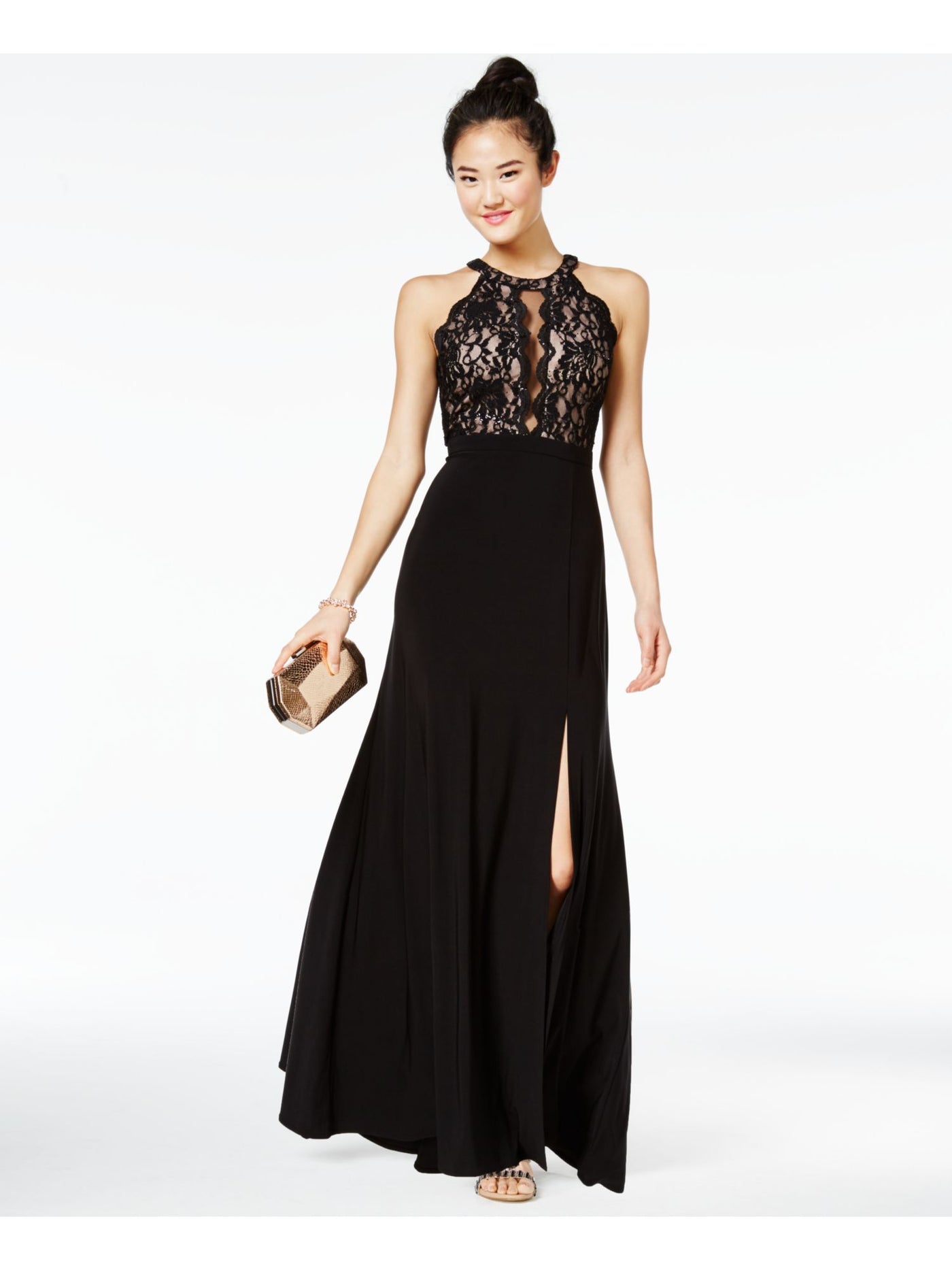 MORGAN & CO Womens Black Lace Sleeveless Halter Full-Length Fit + Flare Dress Juniors 1