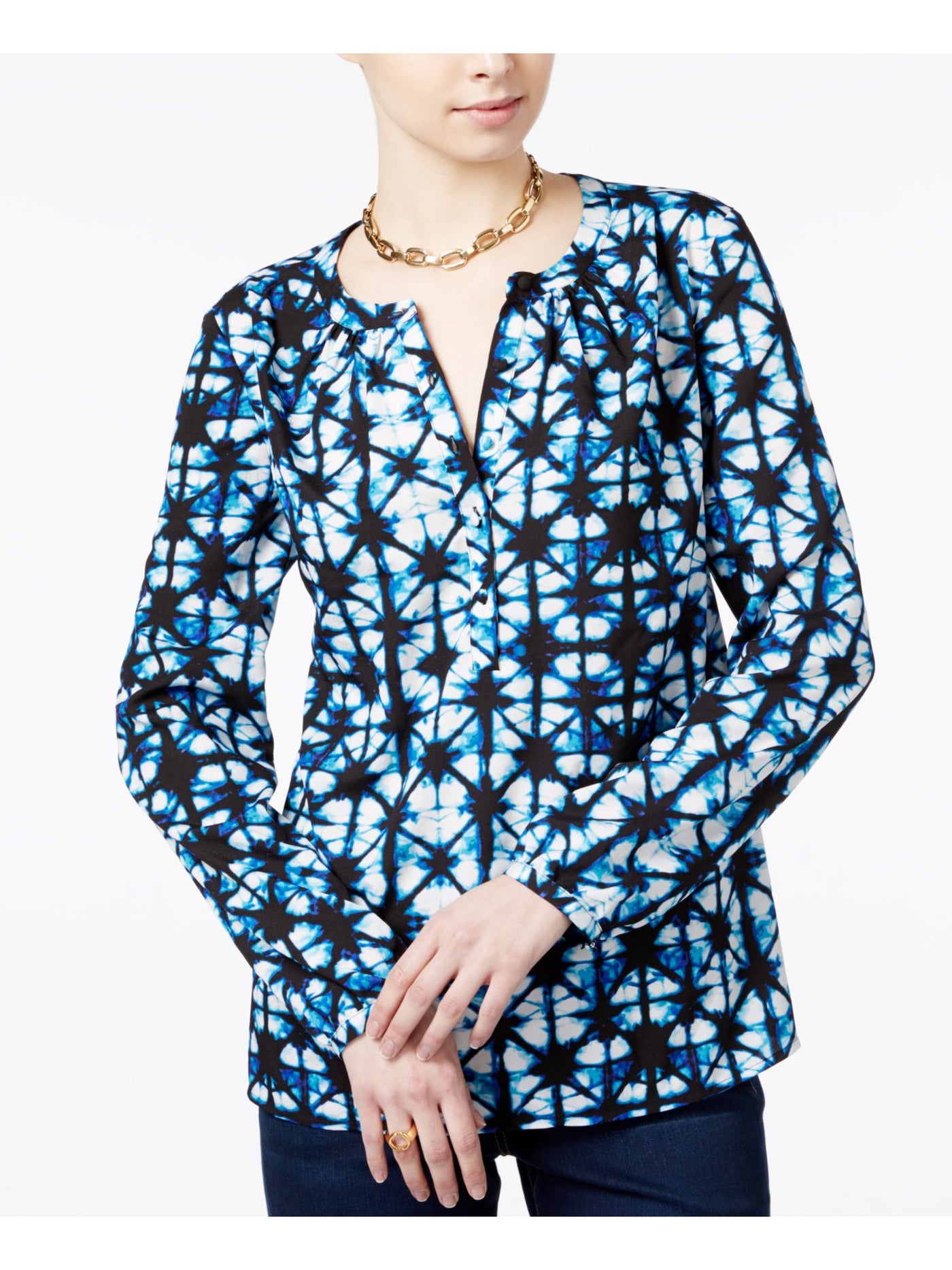 TOMMY HILFIGER Womens Blue Geometric Long Sleeve Jewel Neck Tunic Top M