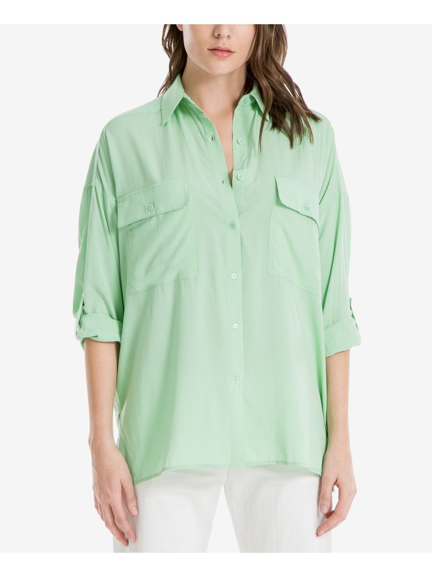 MAX STUDIO Womens Green Pocketed Cuffed Collared Button Up Top Size: XS\S