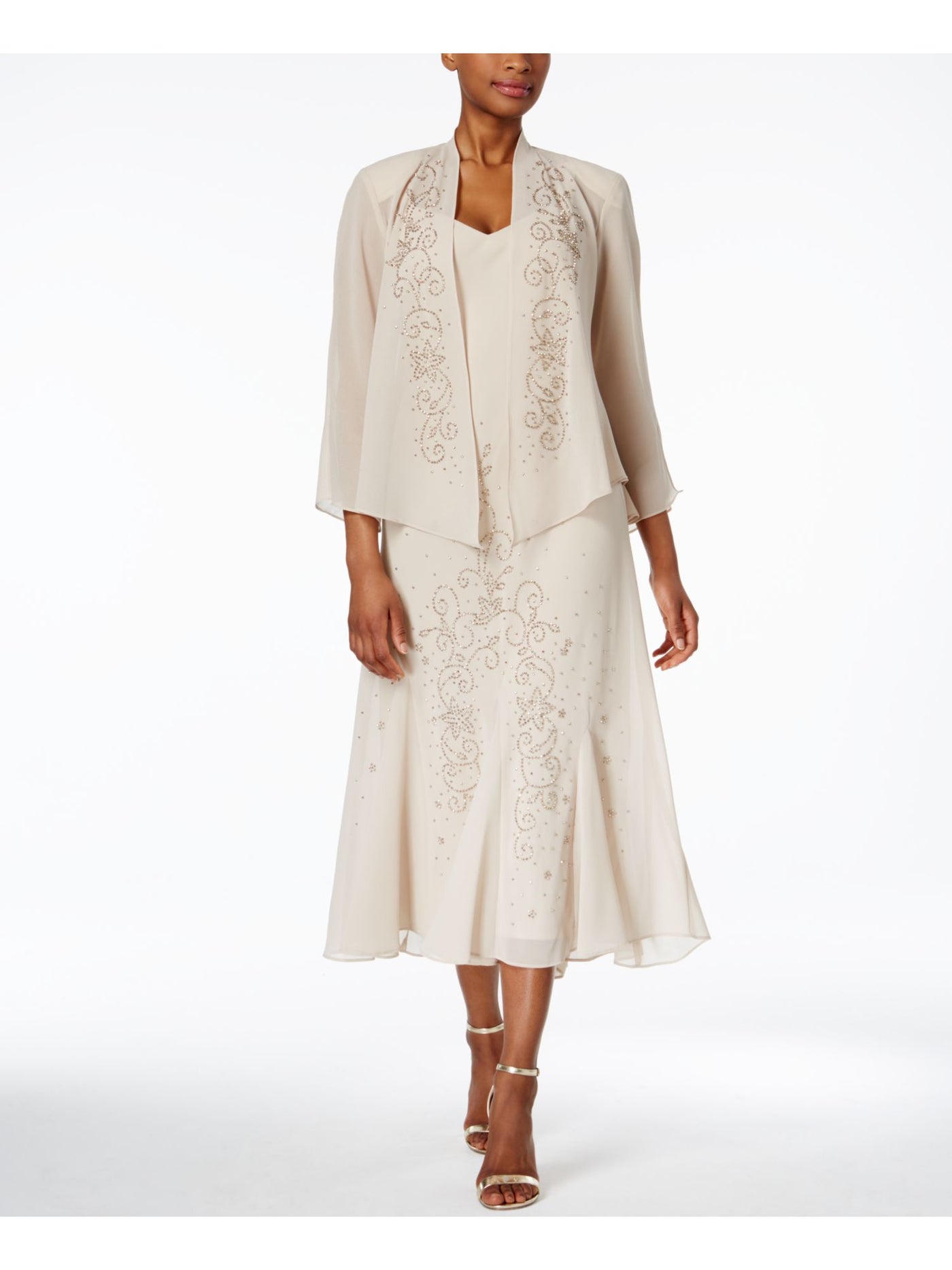 R&M RICHARDS Womens Ivory Embellished Sheer Open Front 3/4 Sleeve Evening Jacket 6