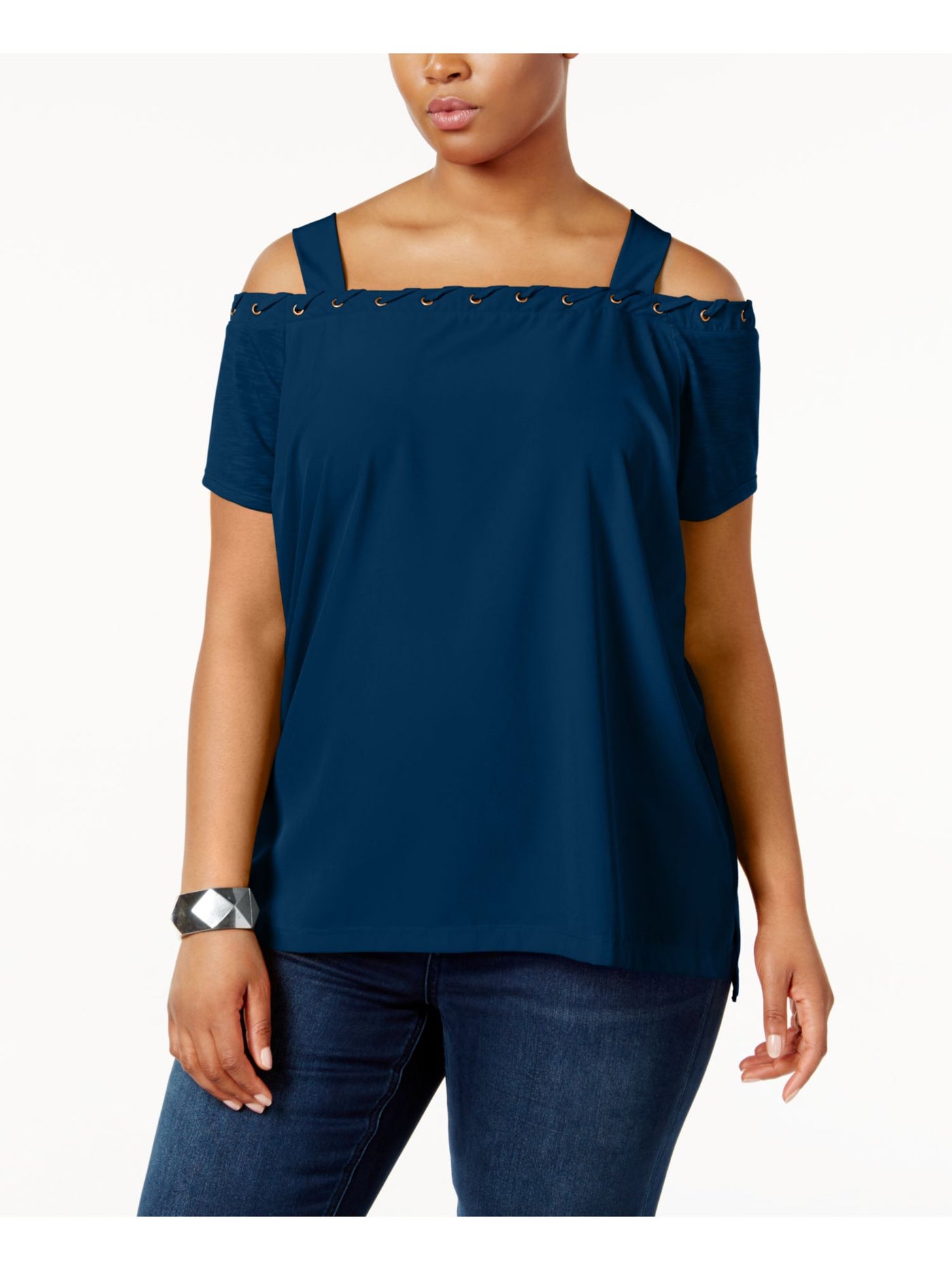LOVE SCARLETT Womens Navy Cold Shoulder Laced-grommets Short Sleeve Square Neck Top Plus 3X