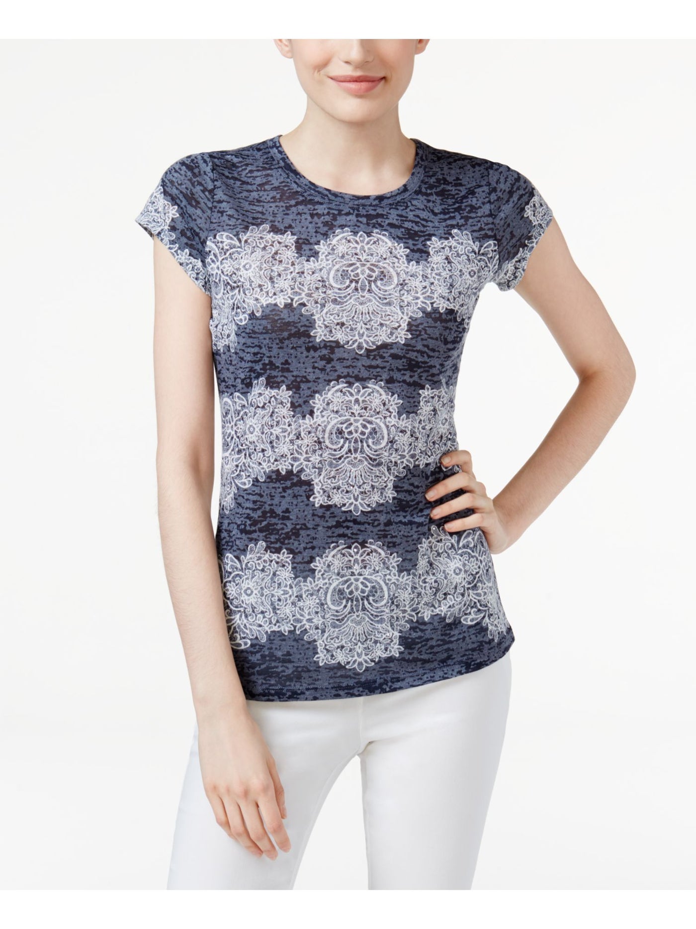 INC Womens Navy Printed Crew Neck Top S