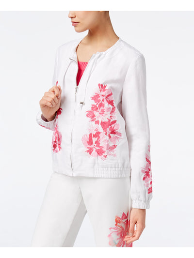 INC Womens Pink Embroidered Floral Zip Neck Zip Up Jacket L