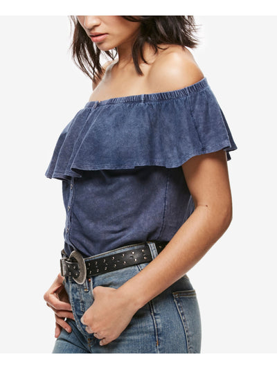 FREE PEOPLE Womens Navy Short Sleeve Off Shoulder Top Size: S