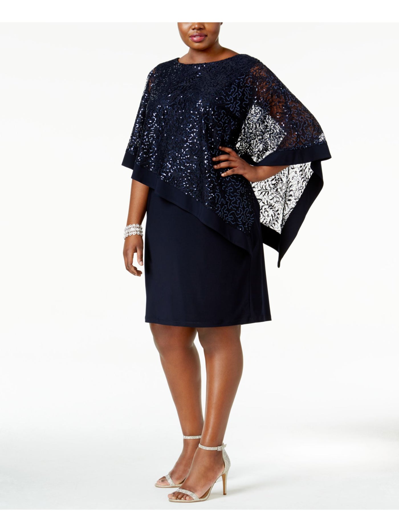 R&M RICHARDS Womens Navy Lined Sequined Lace Poncho Cape Flutter Sleeve Boat Neck Above The Knee Party Sheath Dress Plus 22W