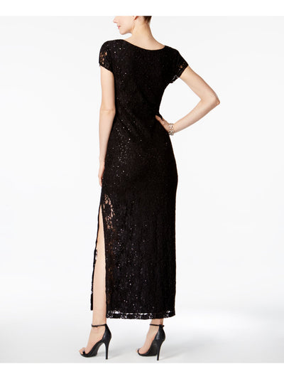CONNECTED APPAREL Womens Black Sequined Slit Short Sleeve V Neck Full-Length Formal Dress 10