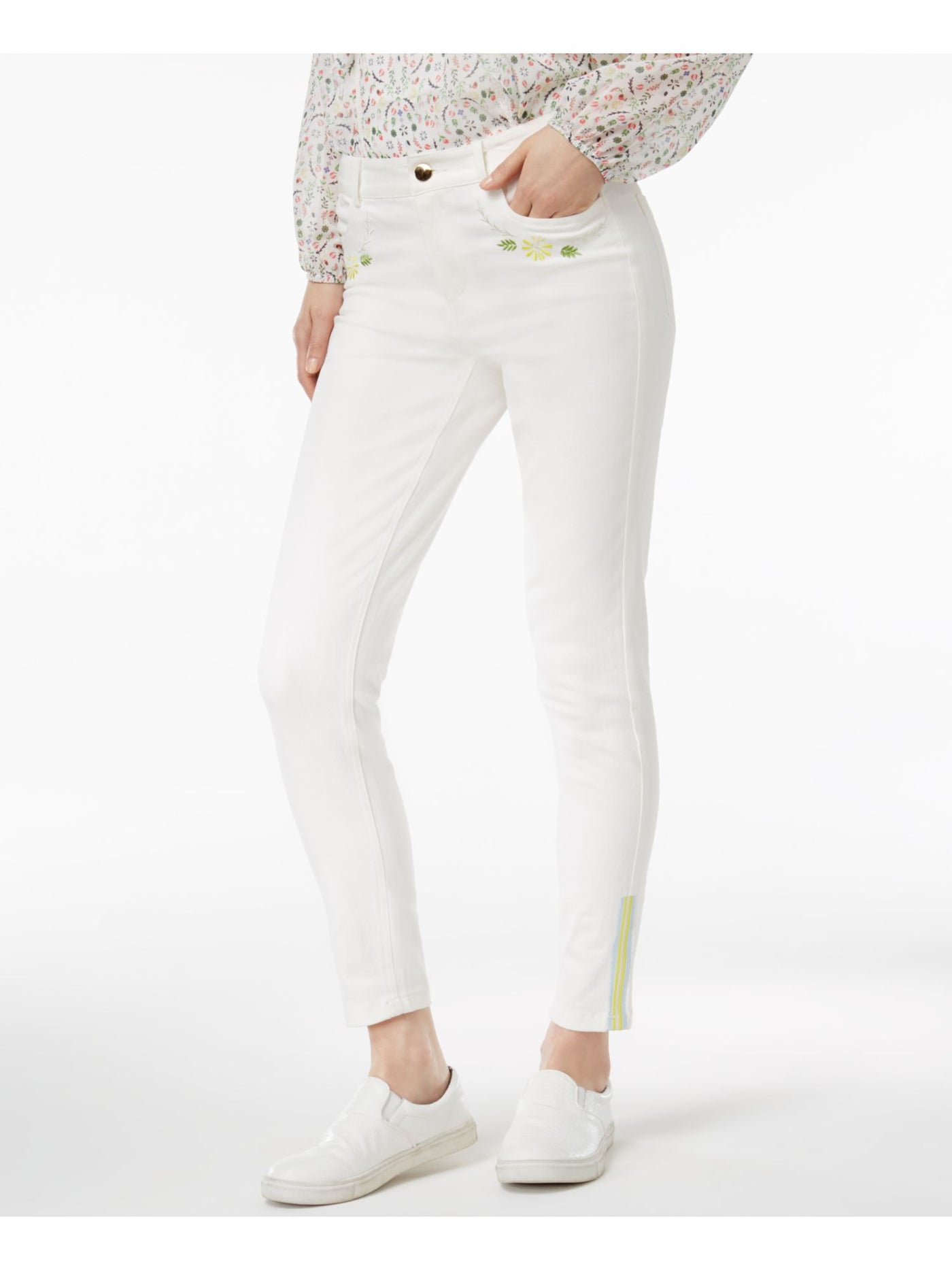 CR BY CYNTHIA ROWLEY Womens Ivory Embroidered Skinny Jeans 2