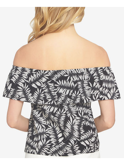 1. STATE Womens Black Leaves Short Sleeve Off Shoulder Top M