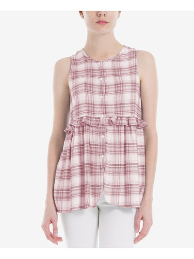 MAX STUDIO Womens Red Ruffled Plaid Sleeveless Scoop Neck Button Up Top Size: S