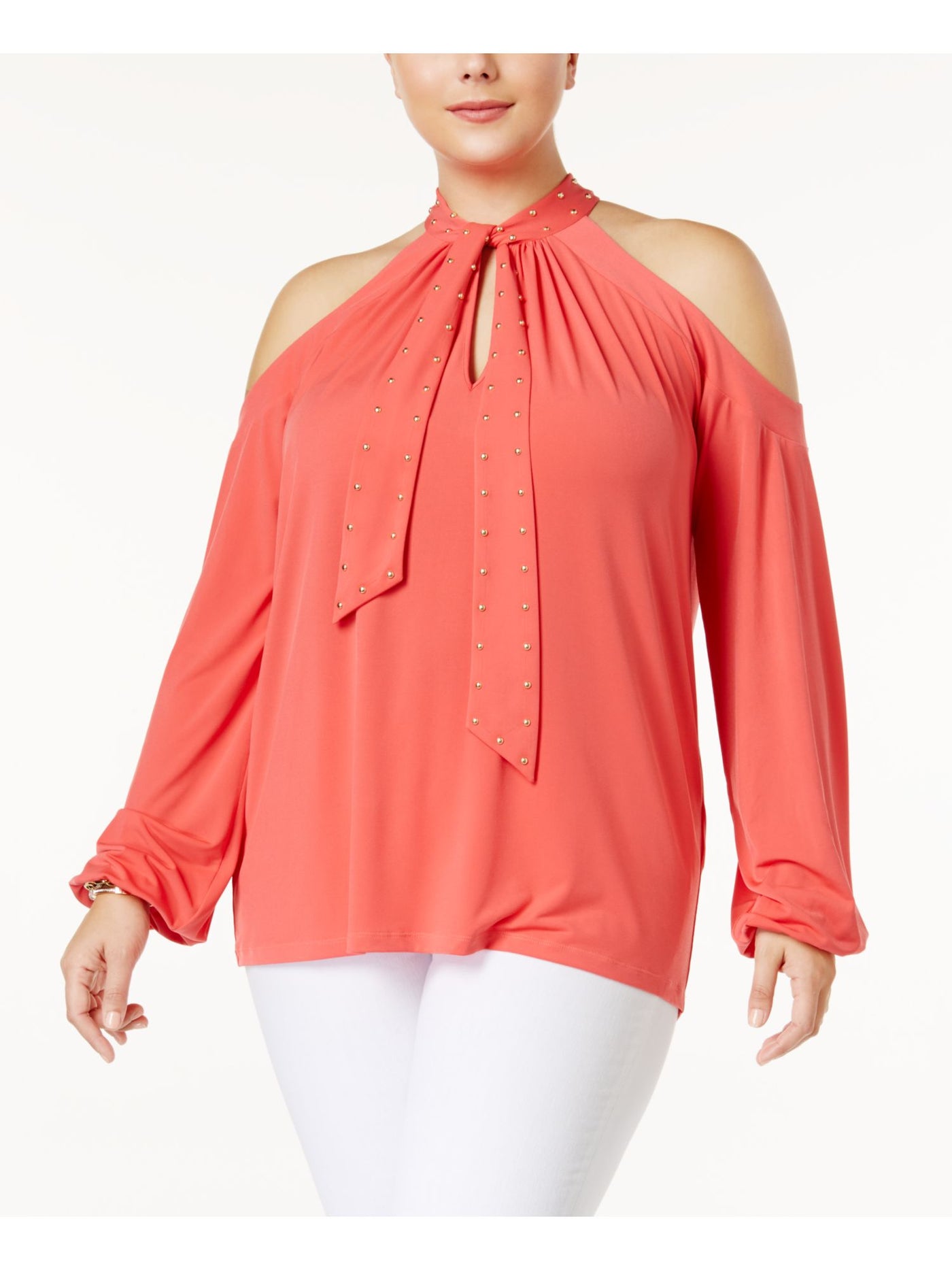 MICHAEL MICHAEL KORS Womens Coral Stretch Cold Shoulder Pleated Stud Trim Long Sleeve Halter Evening Top Plus 0X