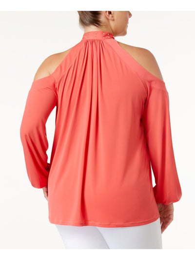 MICHAEL MICHAEL KORS Womens Coral Stretch Cold Shoulder Pleated Stud Trim Long Sleeve Halter Evening Top Plus 0X
