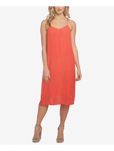 CECE Womens Red Spaghetti Strap V Neck Tea Length Shift Dress Size: 2