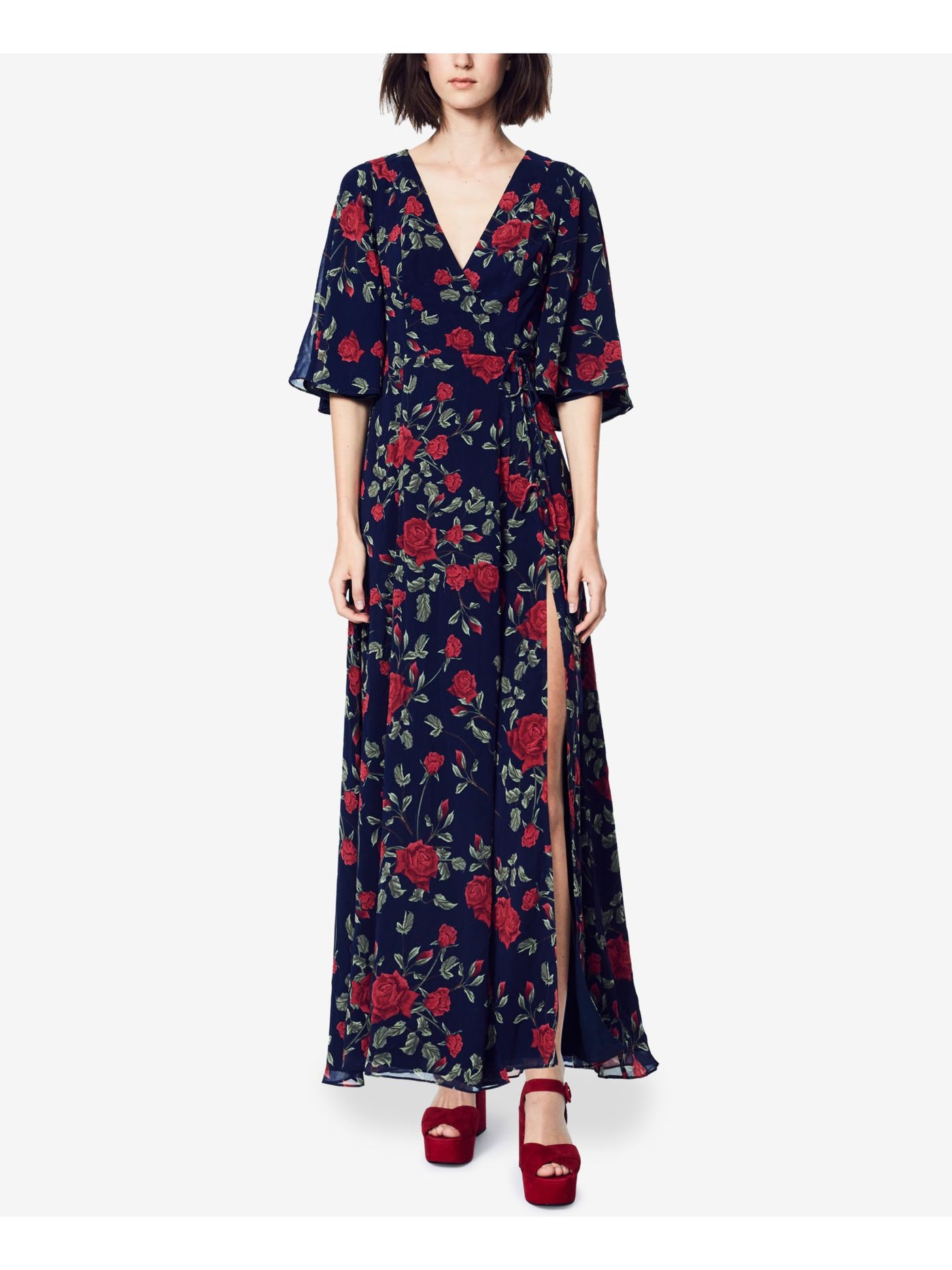 FAME AND PARTNERS Womens Navy Floral Bell Sleeve Maxi Wrap Dress Size: 0