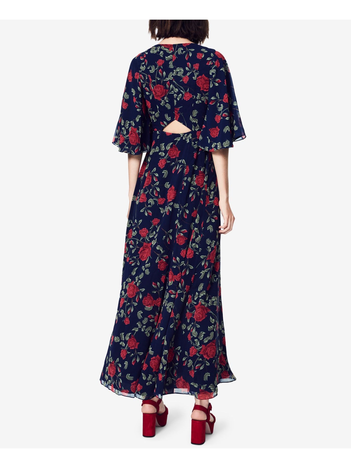 FAME AND PARTNERS Womens Navy Floral Bell Sleeve Maxi Wrap Dress Size: 0