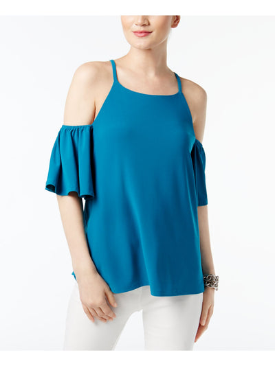 INC Womens Teal Cut Out  Ruffled Sleeve 3/4 Sleeve Square Neck Top M