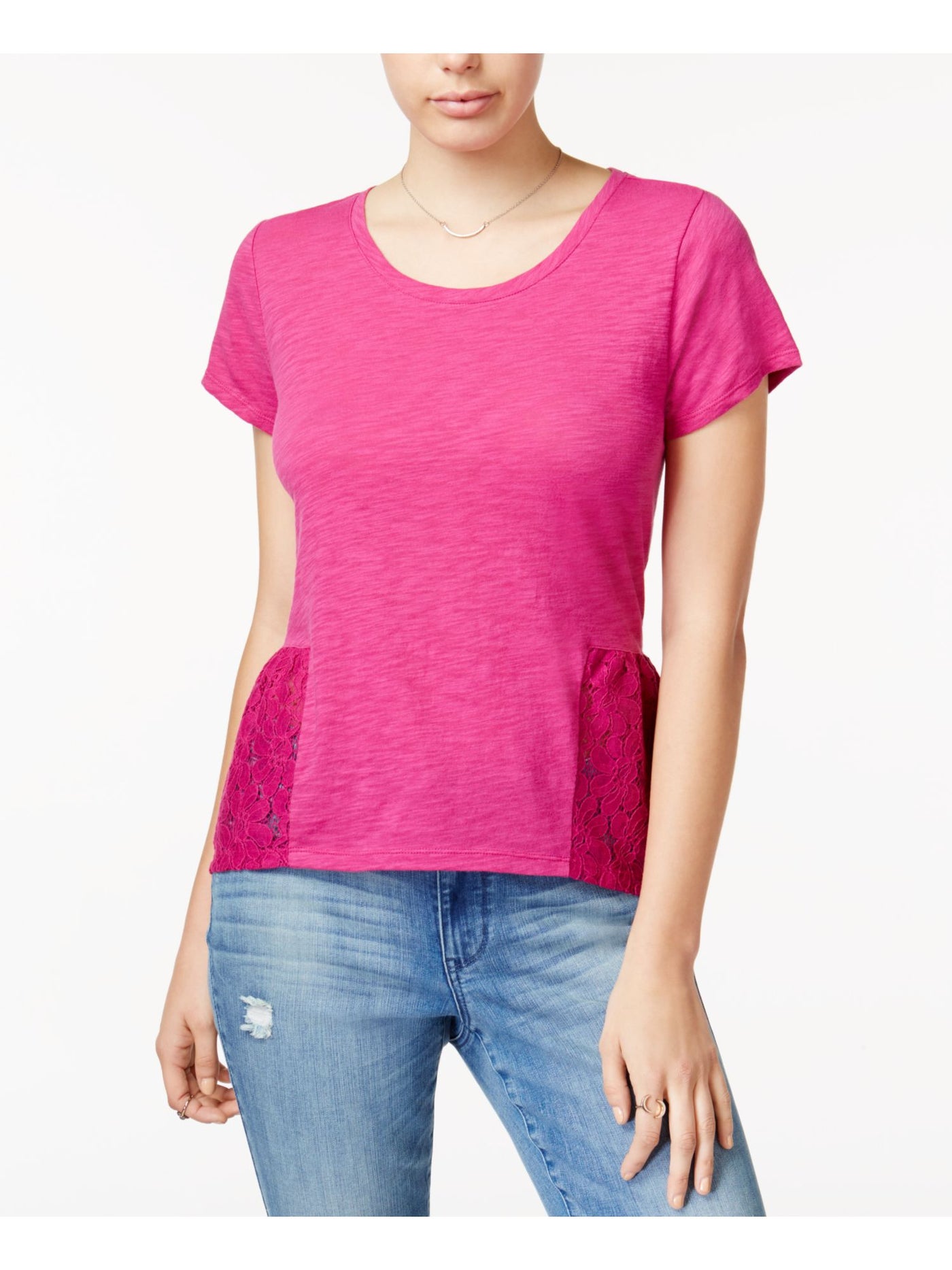 MAISON JULES Womens Pink Lace Short Sleeve Jewel Neck Top Size: XS