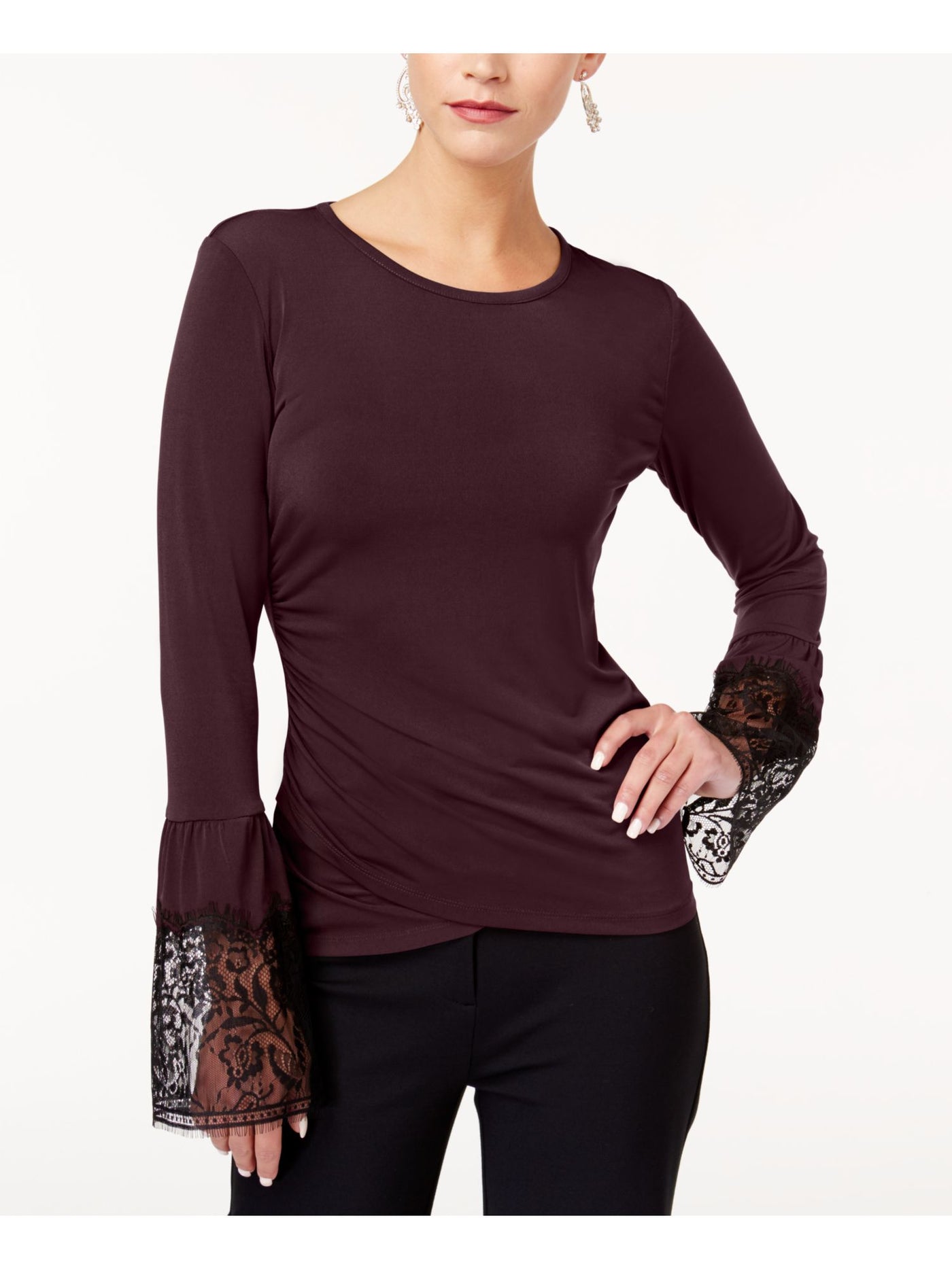 KOBI Womens Burgundy Ruched Lace Cuffs Long Sleeve Jewel Neck Top XS
