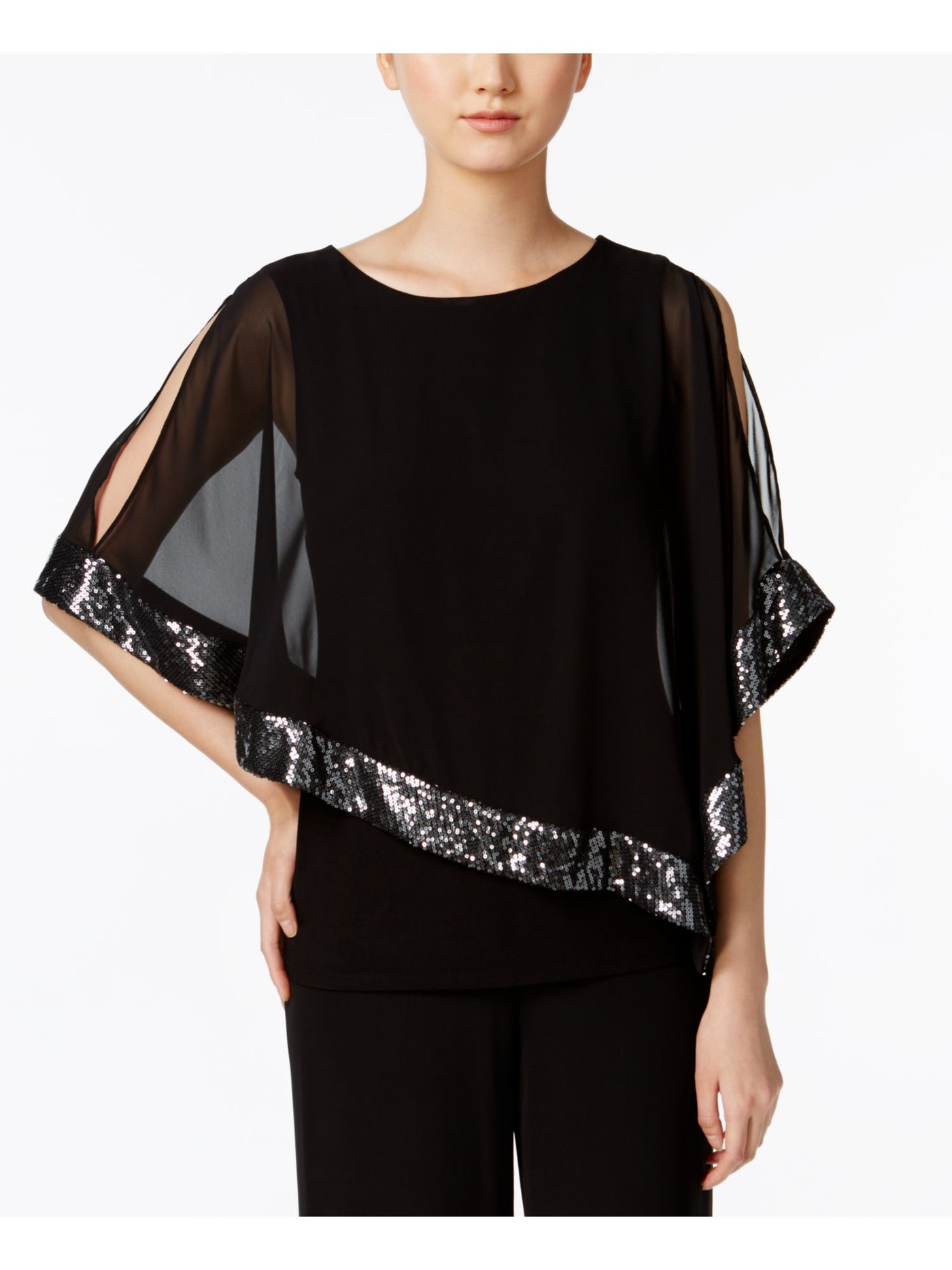 MSK PETITES Womens Black Slitted Embellished Asymmetrical Capelet Overlay Short Sleeve Scoop Neck Evening Blouse Petites PM
