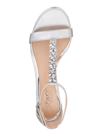 BADGLEY MISCHKA Womens Silver Ankle Strap T-Strap Rhinestone Lindsey Round Toe Block Heel Buckle Dress Sandals Shoes 6 M