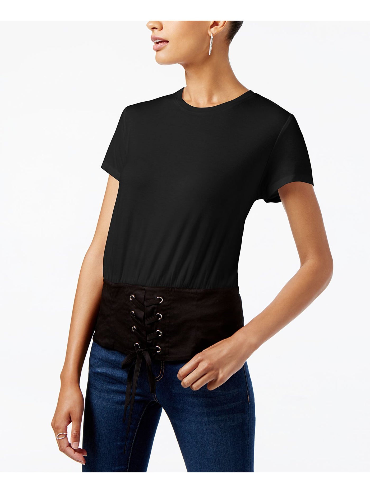 INC Womens Black Tie Color Block Short Sleeve Jewel Neck T-Shirt Size: M