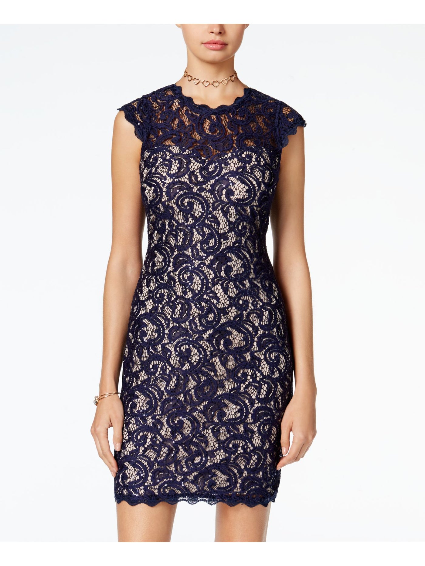 SEQUIN HEARTS Womens Sequined Lace Zippered Cap Sleeve Illusion Neckline Short Cocktail Sheath Dress