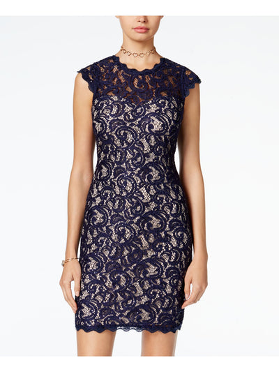 SEQUIN HEARTS Womens Sequined Lace Zippered Cap Sleeve Illusion Neckline Short Cocktail Sheath Dress