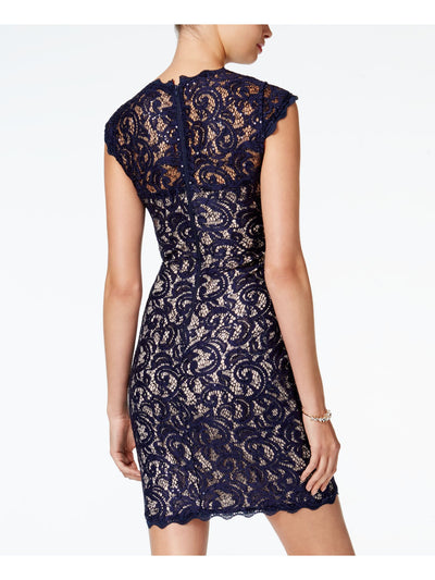 SEQUIN HEARTS Womens Sequined Lace Zippered Cap Sleeve Illusion Neckline Short Cocktail Sheath Dress