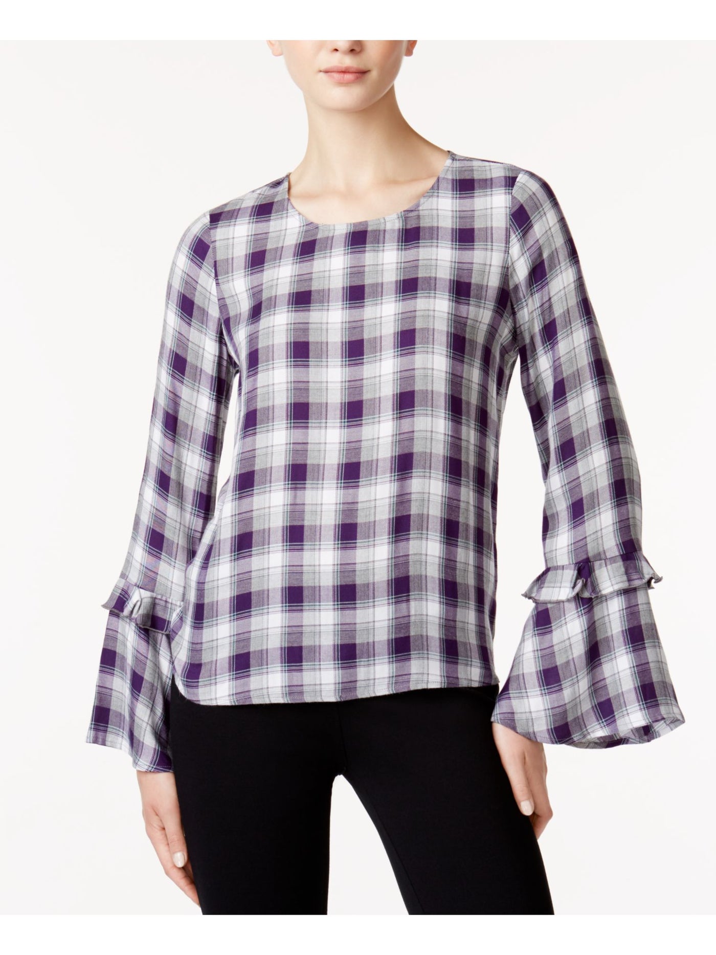 MAISON JULES Womens Purple Plaid Bell Sleeve Jewel Neck Blouse Size: XXS