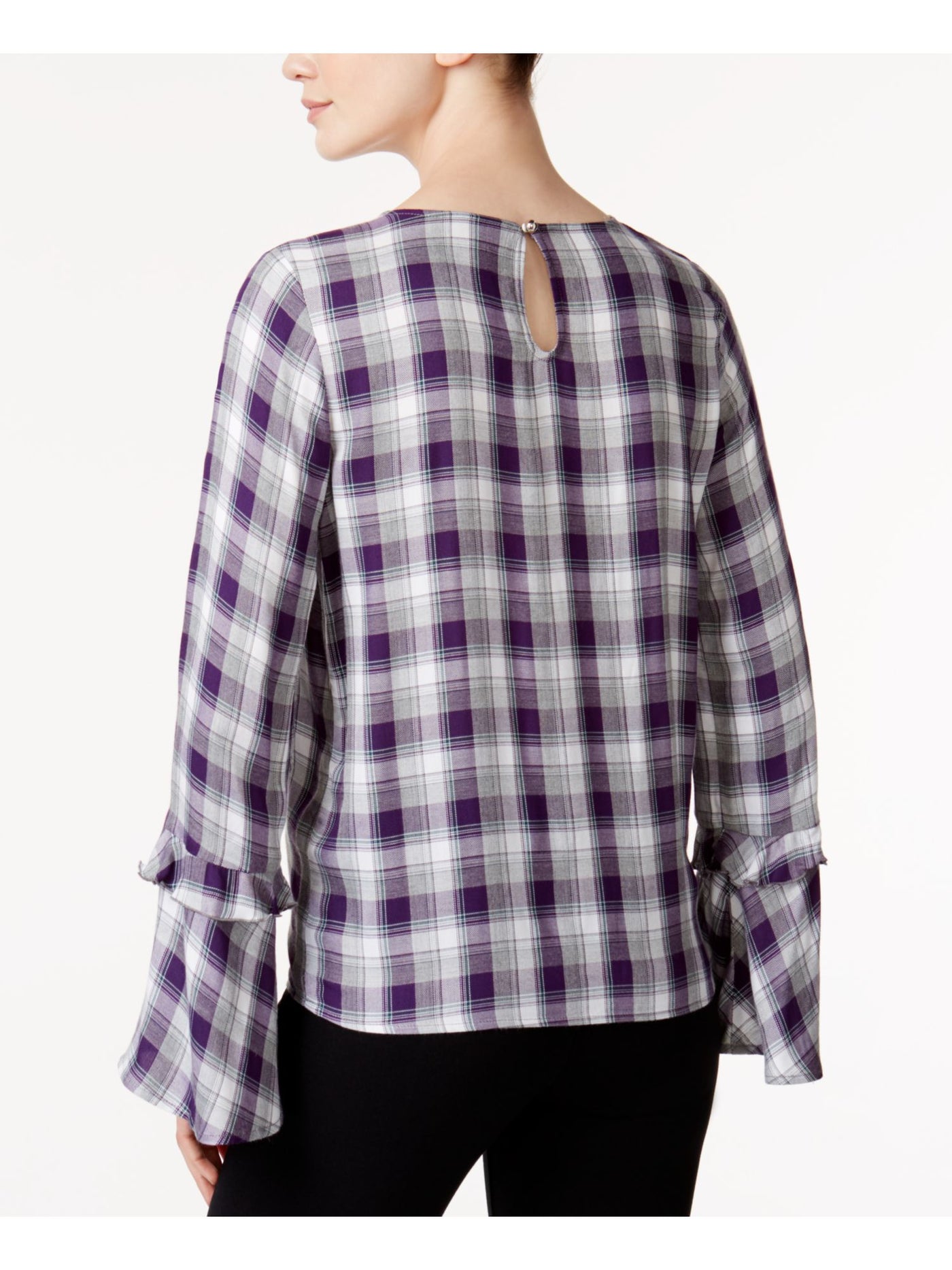 MAISON JULES Womens Purple Plaid Bell Sleeve Jewel Neck Blouse Size: XXS