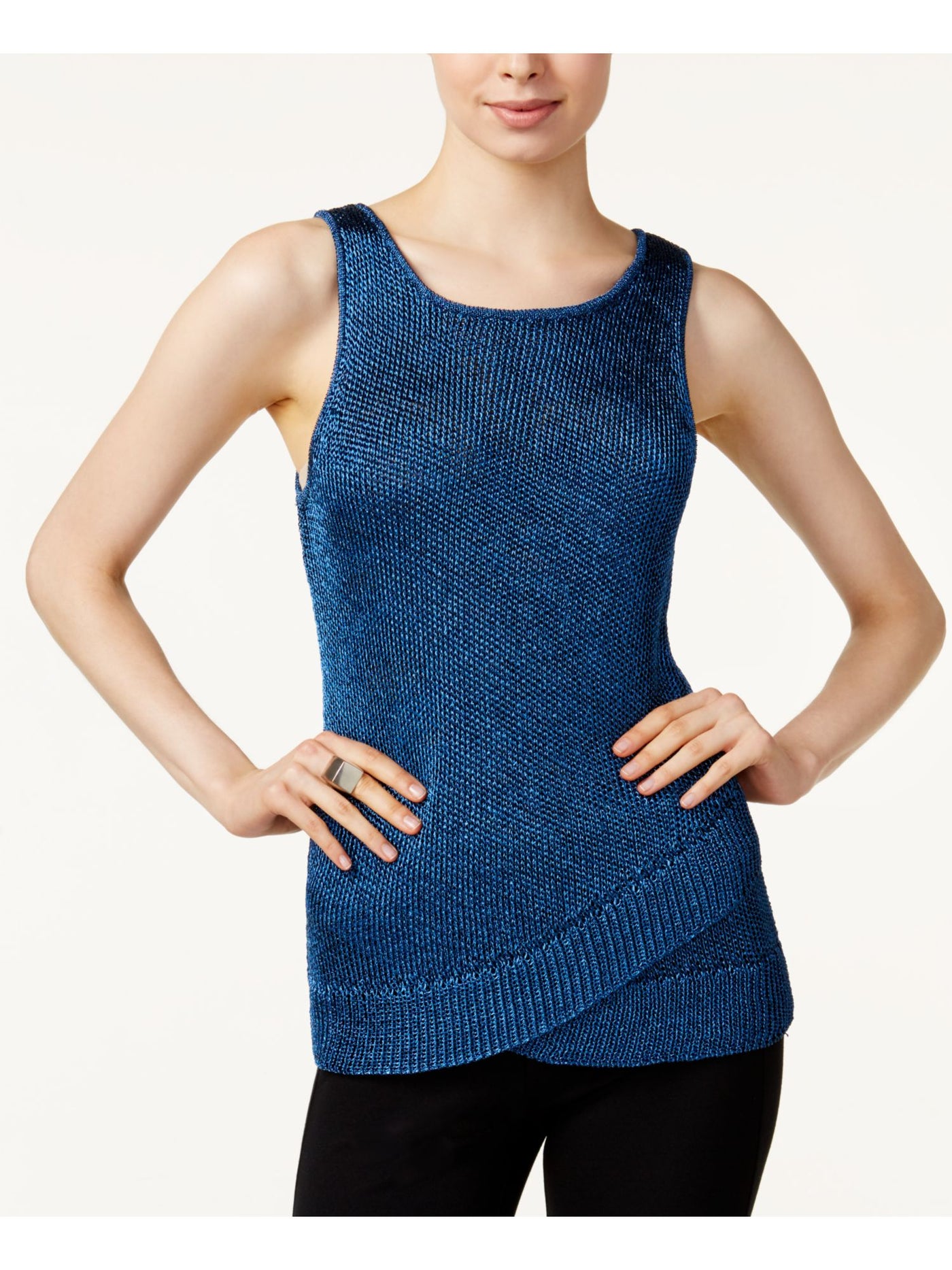 BAR III Womens Blue Metallic-knit Sleeveless Scoop Neck Sweater Size: M