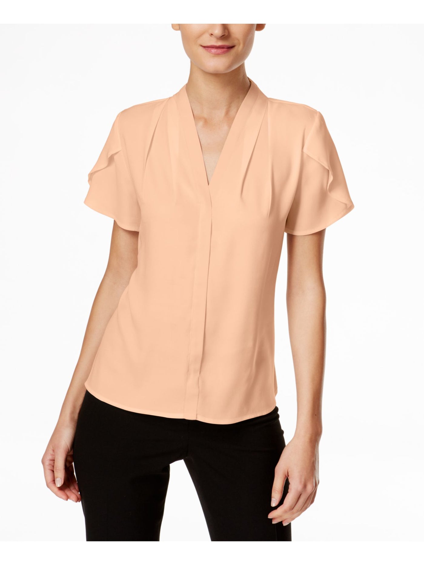 CALVIN KLEIN Womens Pink Pleated Ruffled Short Sleeve V Neck Wear To Work Blouse Petites PXL