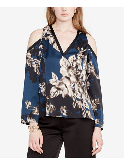 RACHEL ROY Womens Teal Cold Shoulder Floral Kimono Sleeve V Neck Top S